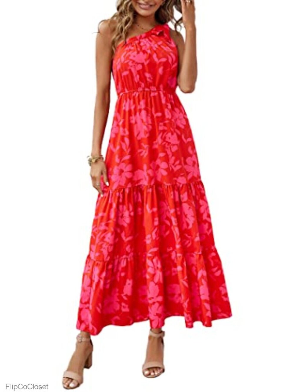 Boho Floral One Shoulder Maxi Dress A-Line Sleeveless Sundress